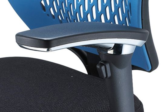 Blue mesh backrest attached to its flexing support post
