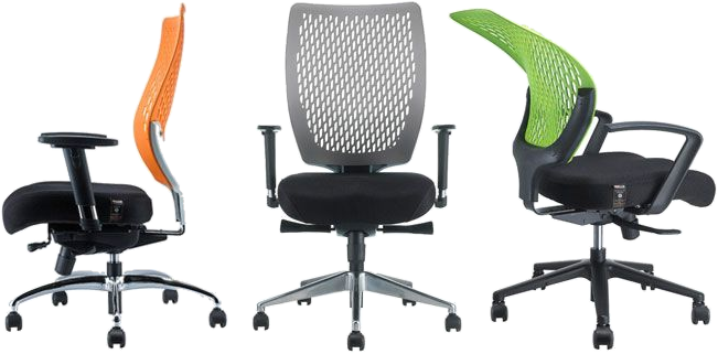 Three Airopedic chairs side by side in orange, silver and green mesh