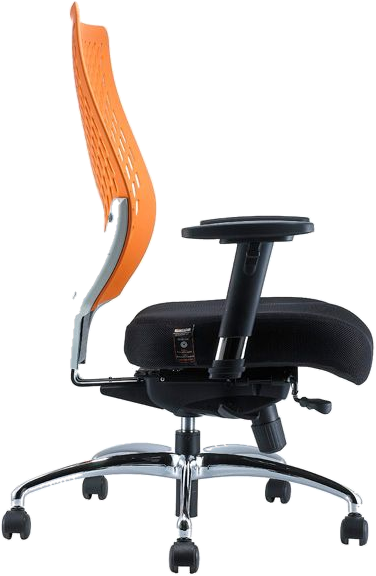 Airopedic AP3001BU ergonomic office chair in profile, orange mesh BackUup backrest on a polished aluminium base