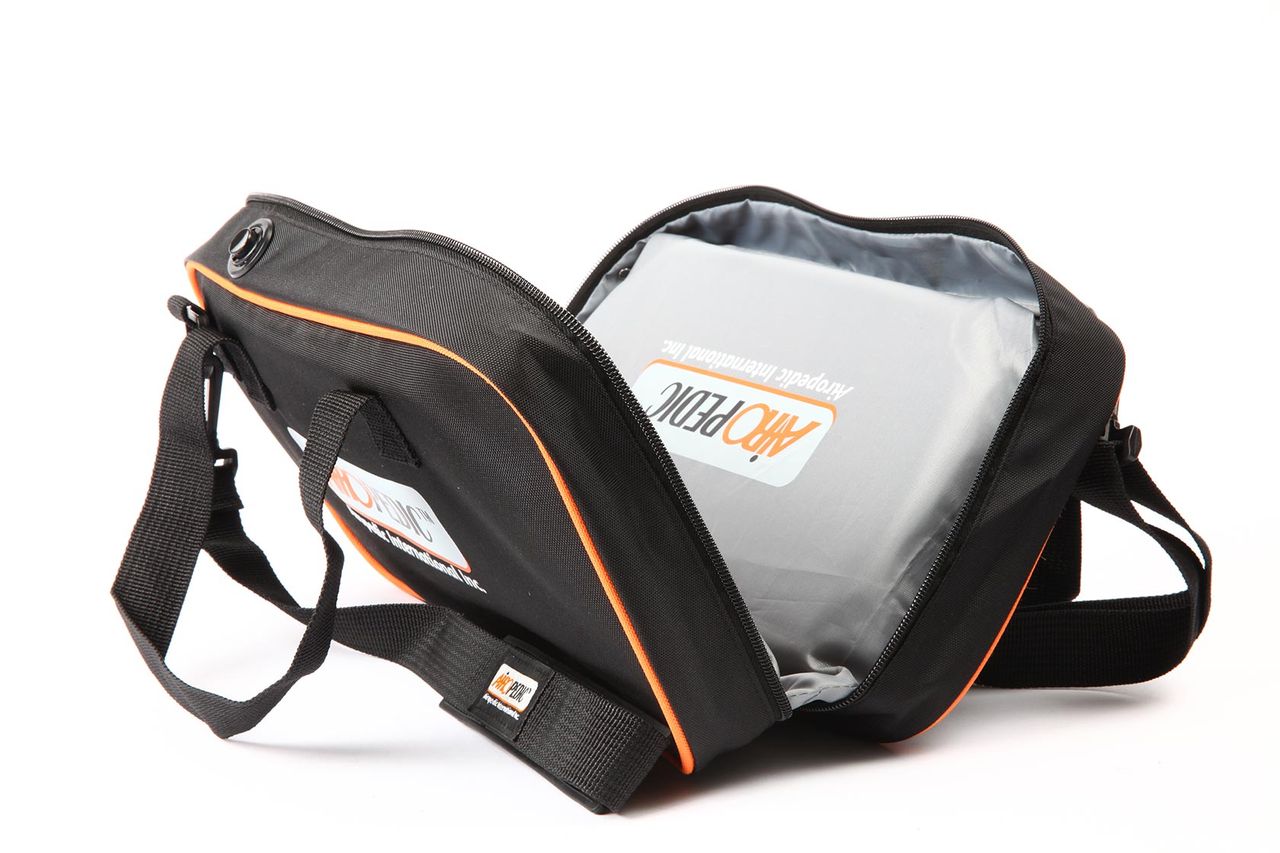 The Airopedic portable seat folded into its carry case with the shoulder strap attached