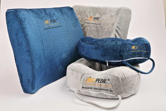 Airopedic memory foam travel neck pillows and back rests in blue and grey velour
