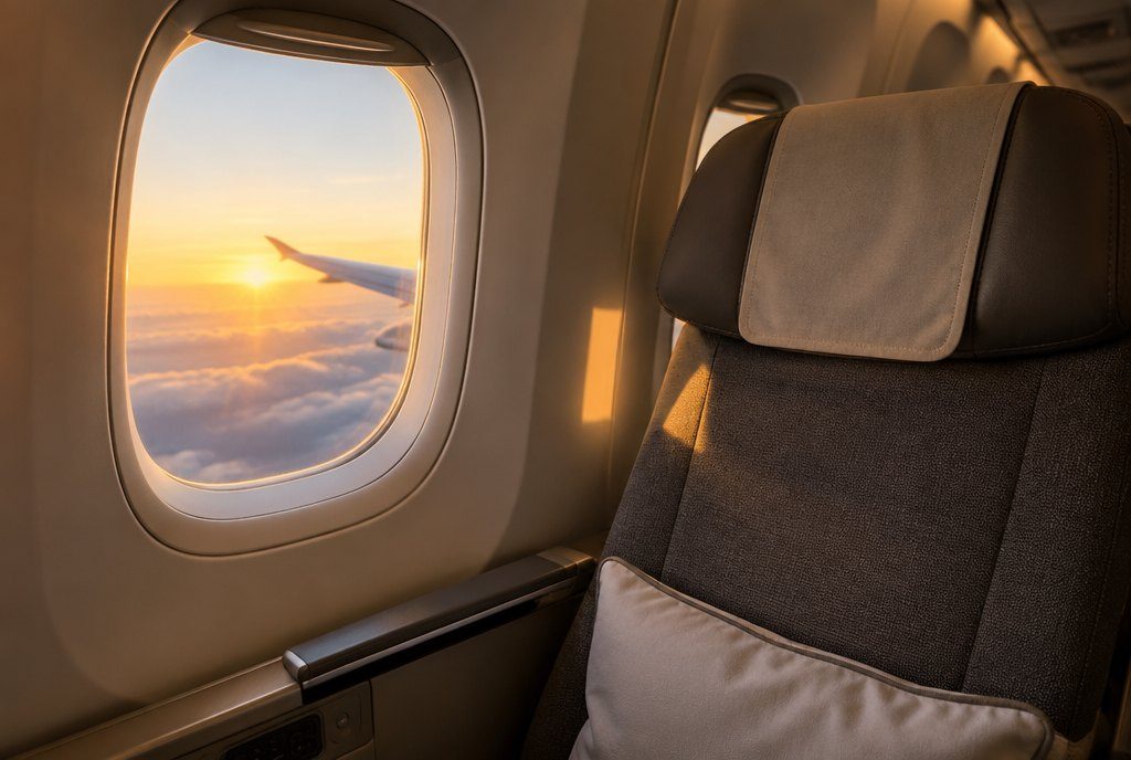 Empty window seat in an airplane cabin at sunrise