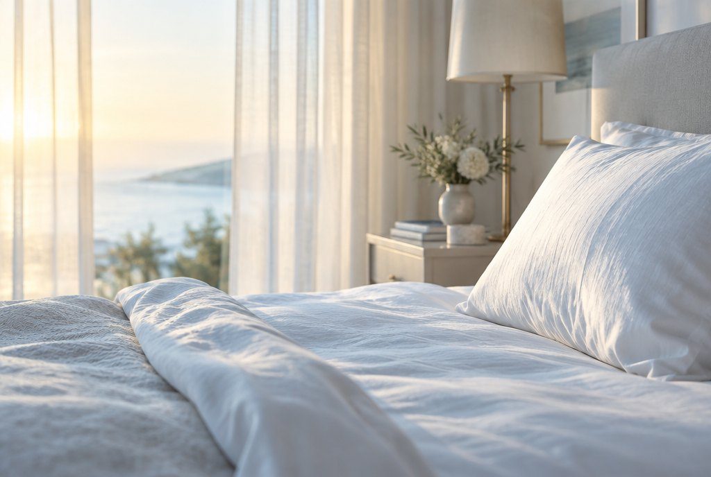A crisp white bed in soft early-morning light