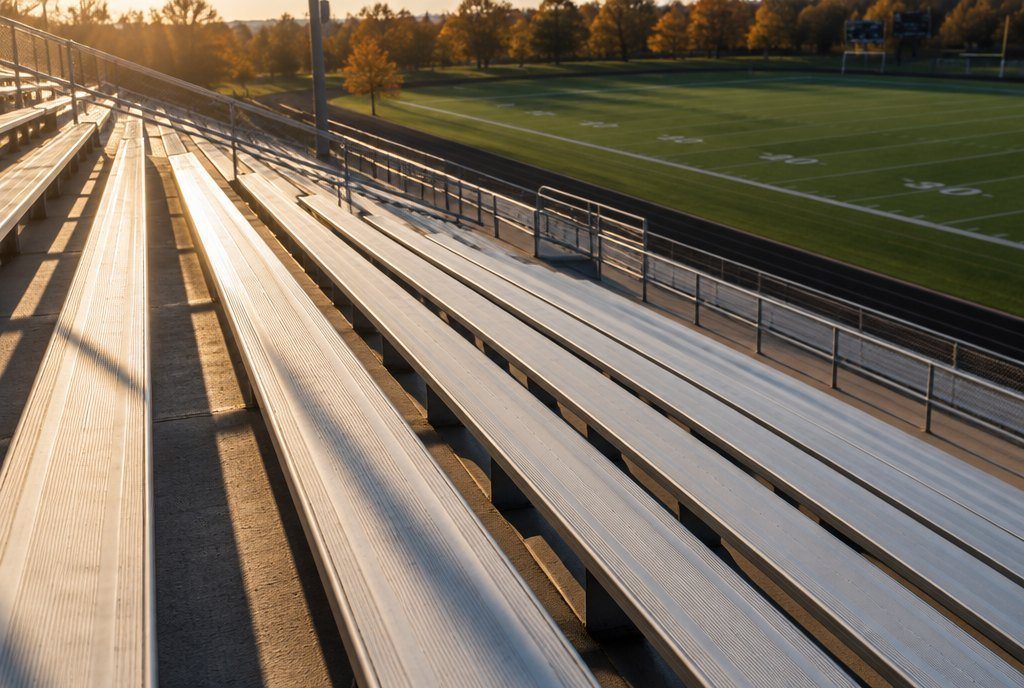 Empty aluminium stadium bleachers in low afternoon sun