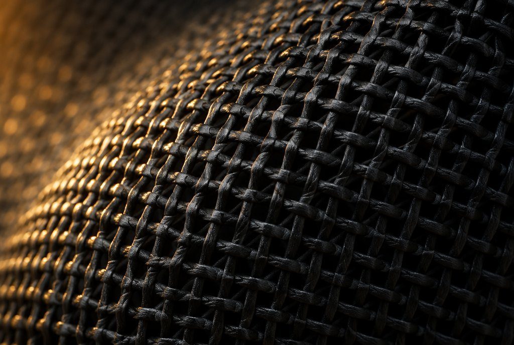 Macro photograph of technical elastomeric mesh under raking light